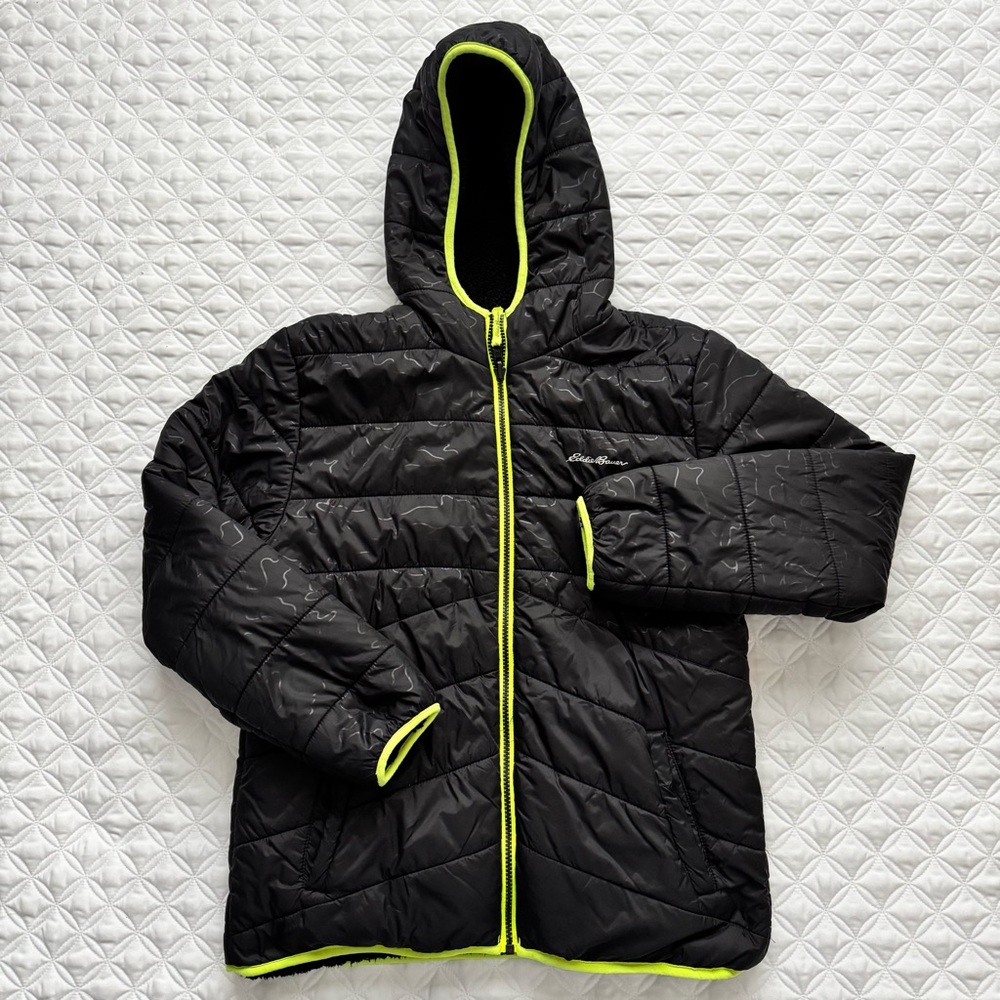 Eddie Bauer Kids Reversible Puffer Fleece Hooded Jacket Black Neon Green Size L